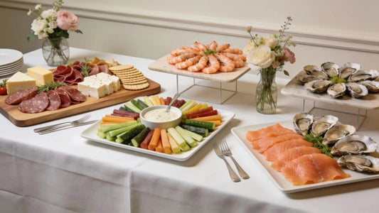 Elegant corporate catering setup with gourmet platters for business events