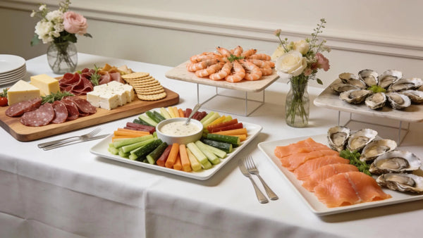 Elegant corporate catering setup with gourmet platters for business events