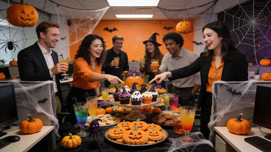 Office Halloween catering spread with themed food and decorations for festive employee engagement