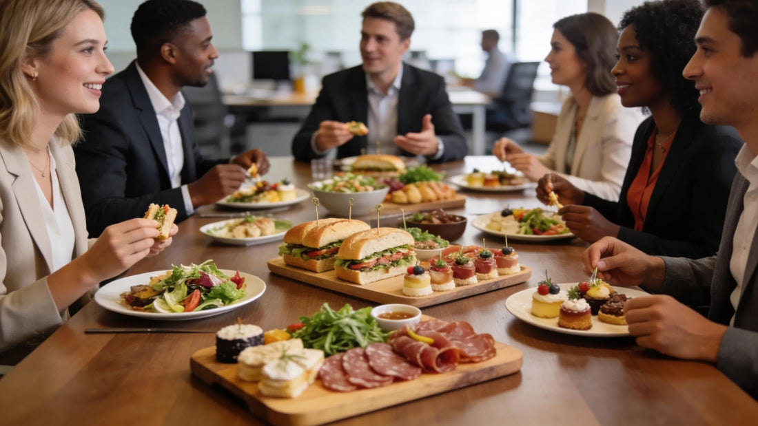 Professionals enjoying a gourmet catered meal in a modern office, highlighting recurring corporate catering benefits.