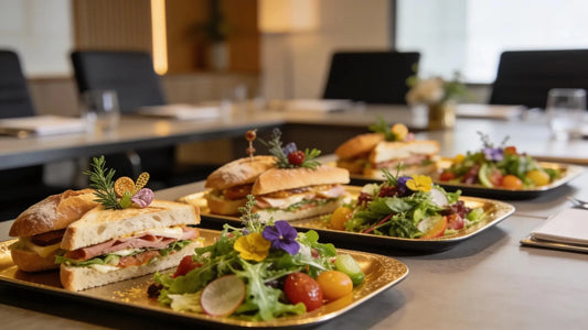 Upscale lunch platters with gourmet sandwiches and salads arranged elegantly for VIP clients