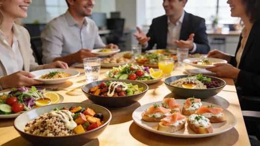 Gourmet office catering spread with grain bowls, salads, and canapés in a modern office environment.