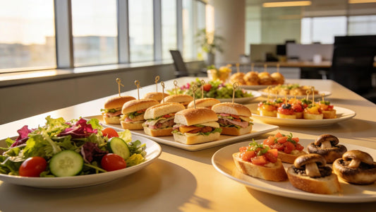 Gourmet catering setup for small office gatherings showcasing diverse food options and elegant presentation