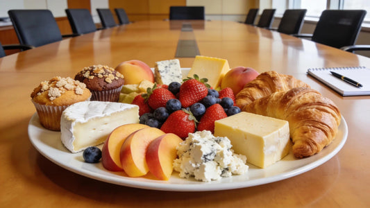 Gourmet breakfast platter on a conference table showcasing artisanal cheeses, fresh fruits, and pastries.