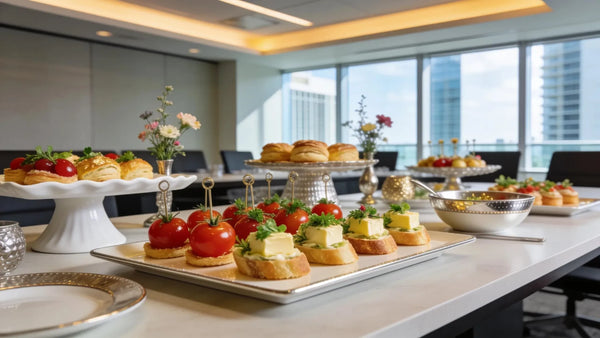 Elegant French-inspired canapés on presentation platters in a modern office boardroom, emphasizing corporate catering and convenience