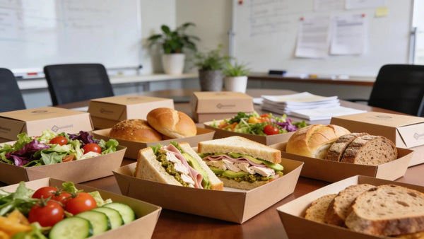 Gourmet corporate boxed lunches arranged on a conference table, highlighting variety and individual packaging