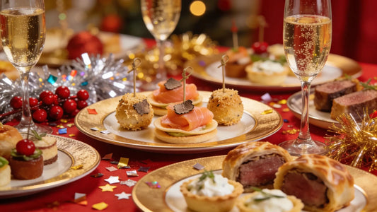 Elegant catering setup for New Year’s Eve featuring canapés and champagne in a festive atmosphere